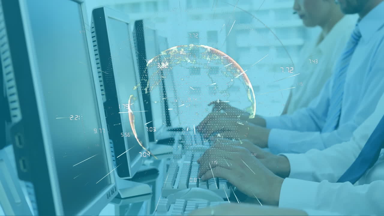 escribir en teclados, profesionales de negocios con animación de red global en la oficina