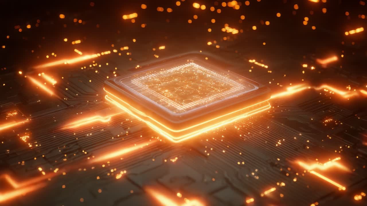 An Aesthetic Exploration of a Central Processing Unit Surrounded by Radiant Electric Circuits and Glowing Particles, Illustrating the Interconnectivity of Advanced Computing Technologies in a Dynamic Setting