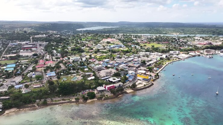 Vista Aerea di una Città Costiera su un'Isola Tropicale