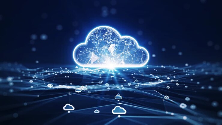 cloud computing technology concept transfer database to cloud. There is a prominent large cloud icon in the center and a small white icon over a slow-moving polygon with a dark blue background.