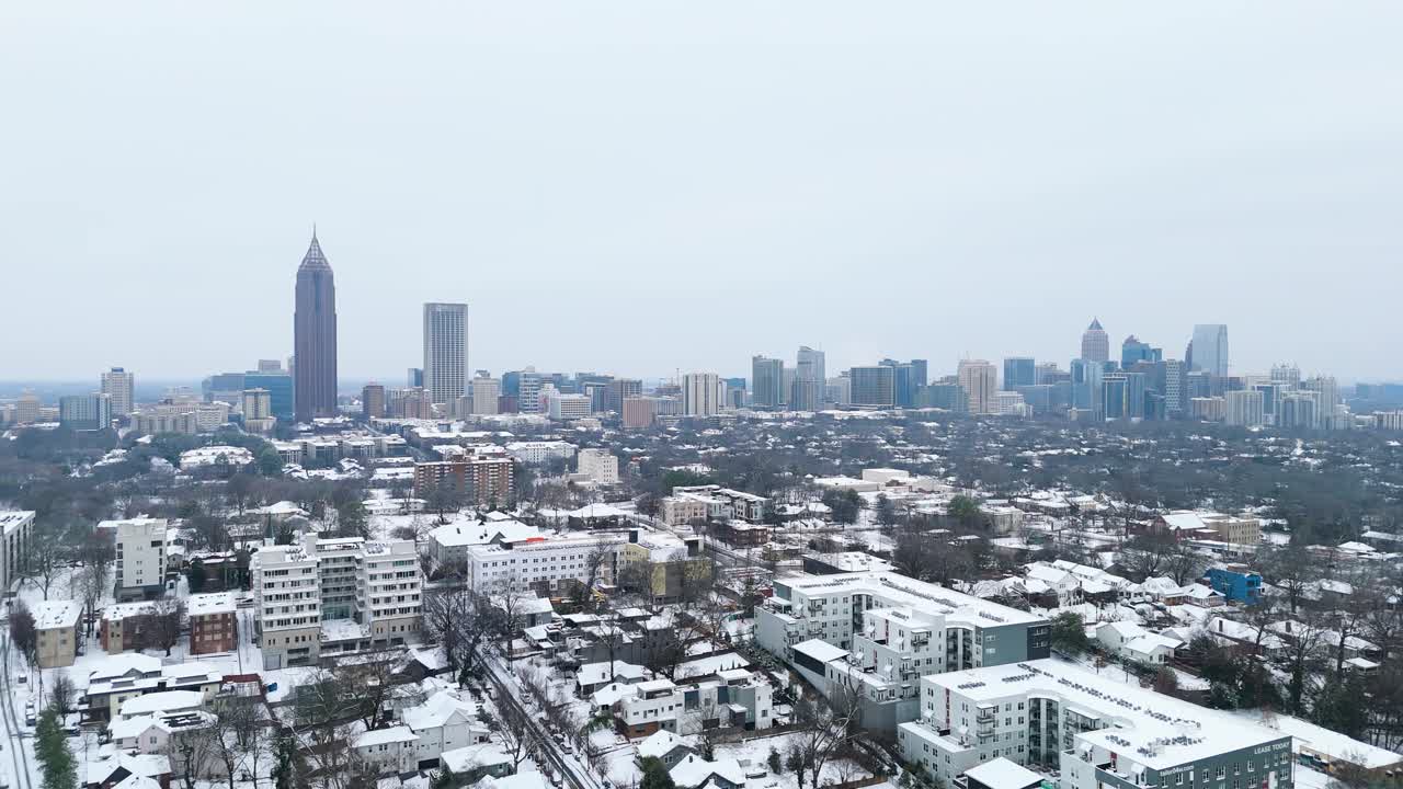 Aerial shot of snow covered Midtown in Atlanta, Georgia on January 10th 2025.
