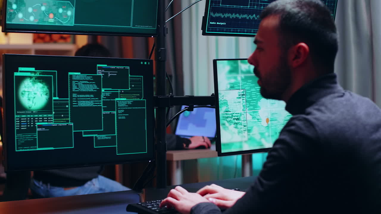 Dangerous hacker watching multiple monitors
