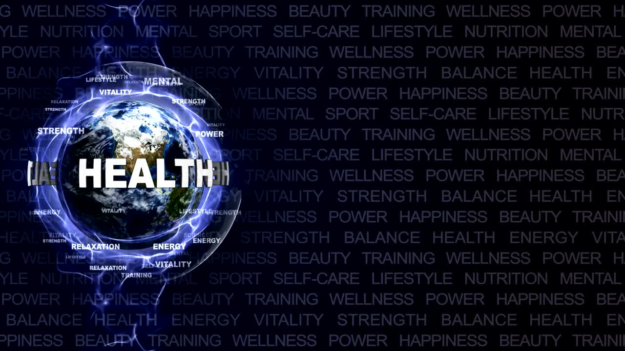 건강 텍스트 애니메이션과 지구, 렌더링, 배경, 루프