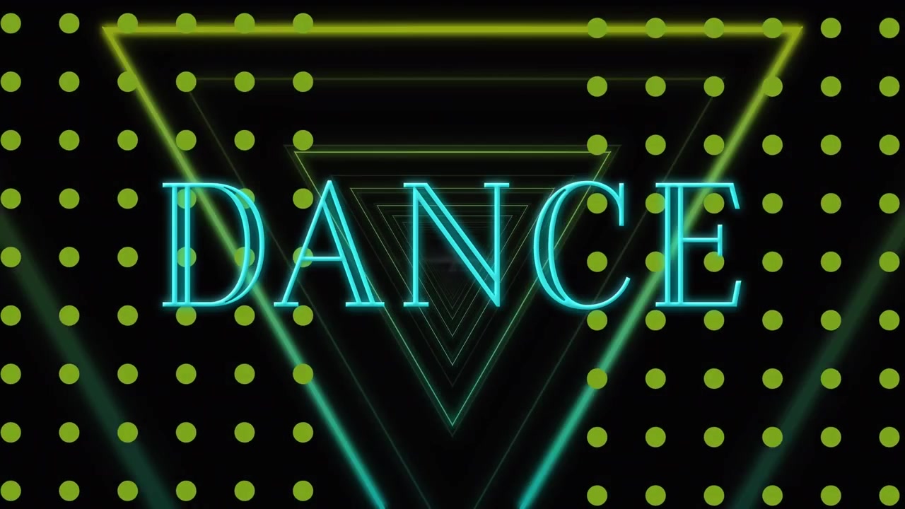 Animacja neonowego baneru tekstowego „dance” nad żółtymi kropkami i trójkątnym neonowym tunelem w jednolitym wzorze