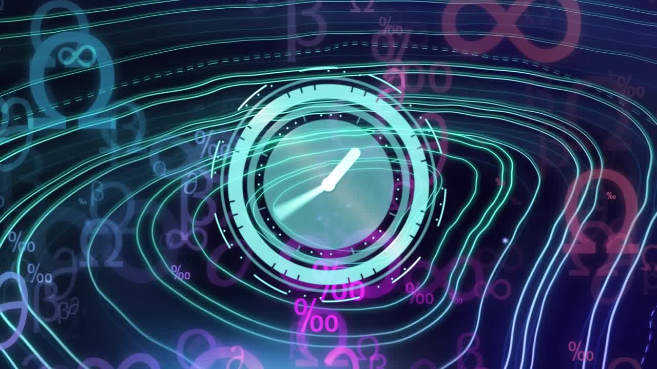 Animation of clock ticking over symbols and lines on dark background