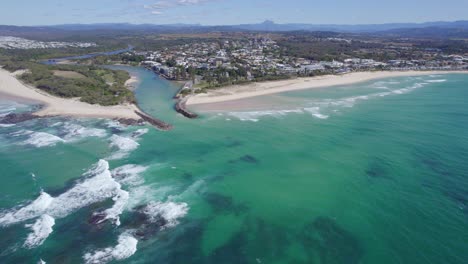 Aerial-View-Of-Blue-Sea,-Cudgen-Creek,-Headland,-Kingscliff-Seawall-And-Beach-During-Summer-In-NSW,-Australia