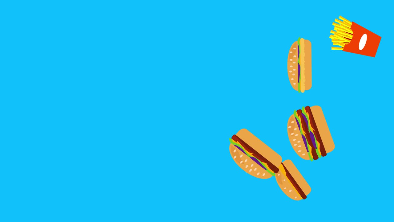 hamburguesa de comida rápida y animación de patatas en pantalla azul tecla de croma