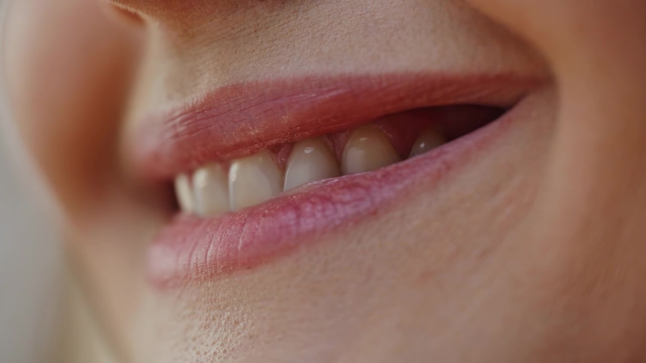 Closeup lady painting lips using glamorous red lipstick. Smiling woman applying