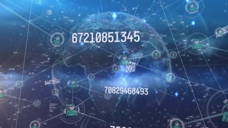 animación de múltiples números cambiantes, red de iconos de perfil y globo giratorio