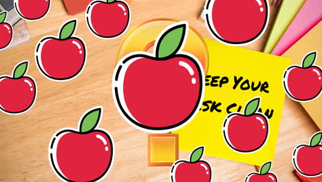 Animation of question mark and apples over school items and keep your desk clean text