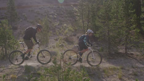 two mountain bikers ride through a forest 1