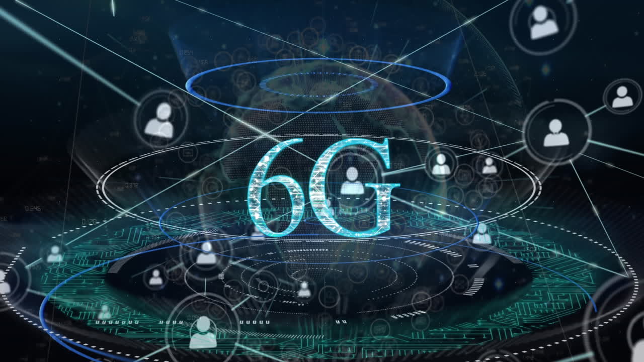 animazione di testo 6g e icone collegate su modello di scheda di circuito e cerchi intorno al globo