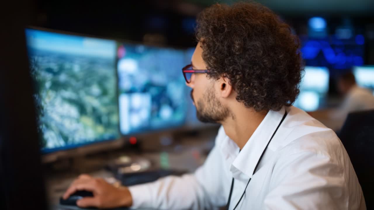 Professionista concentrato e impegnato nell'analisi e nel monitoraggio dei dati in una sala di controllo high-tech con diversi schermi che visualizzano informazioni e immagini.