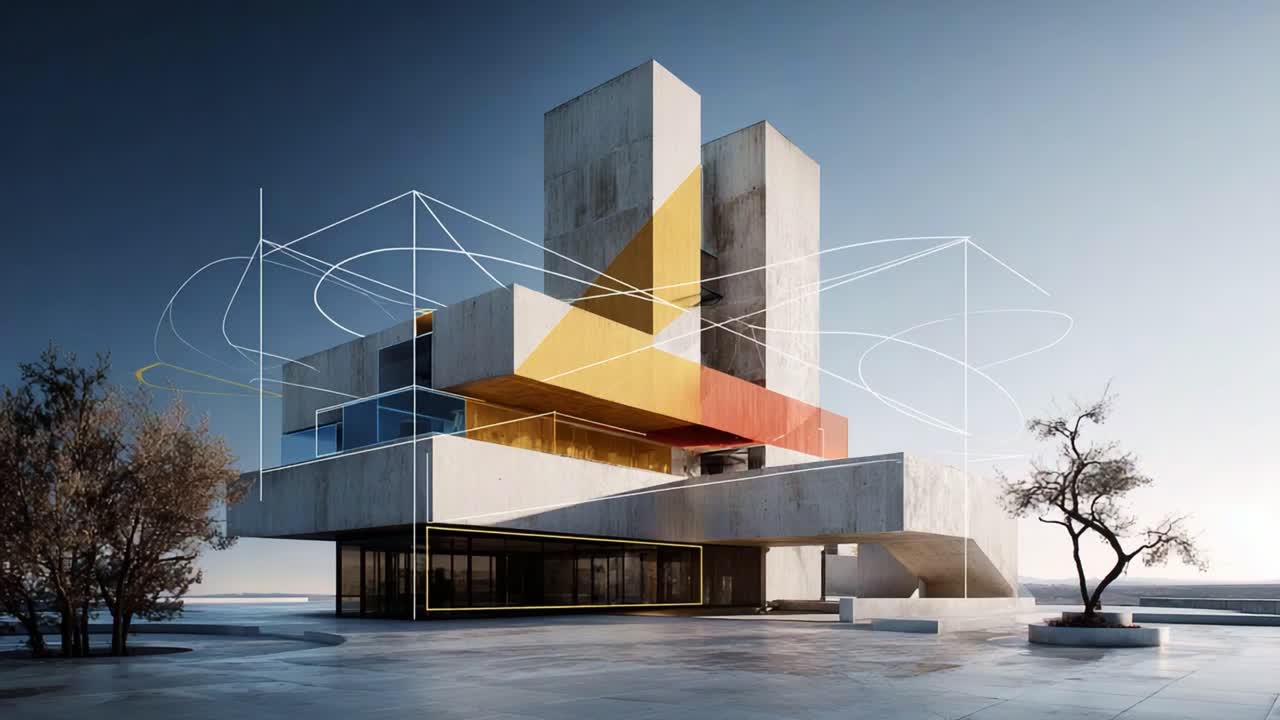 A Modern Architectural Marvel Showcasing Geometric Shapes, Bold Colors, and Innovative Design, Set Against a Serene Natural Background in an Urban Landscape