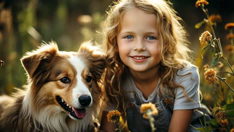 a girl plays outside on a sunny day with her fluffy dog