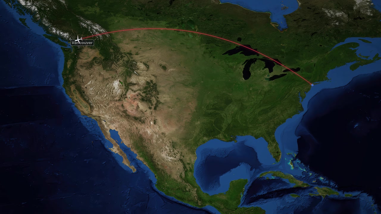 Animação de mapa de satélite acompanha uma rota de voo vermelha de Nova Iorque para Vancouver, Canadá.