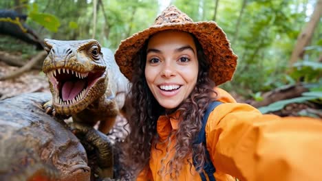 a woman taking a selfie with a dinosaur in the jungle