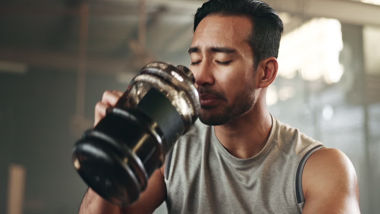 fitness, agua y pesas con un hombre culturista