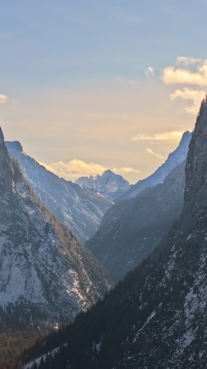 Aerial drone view of the mountains in the Dolomites, Italy. Vertical