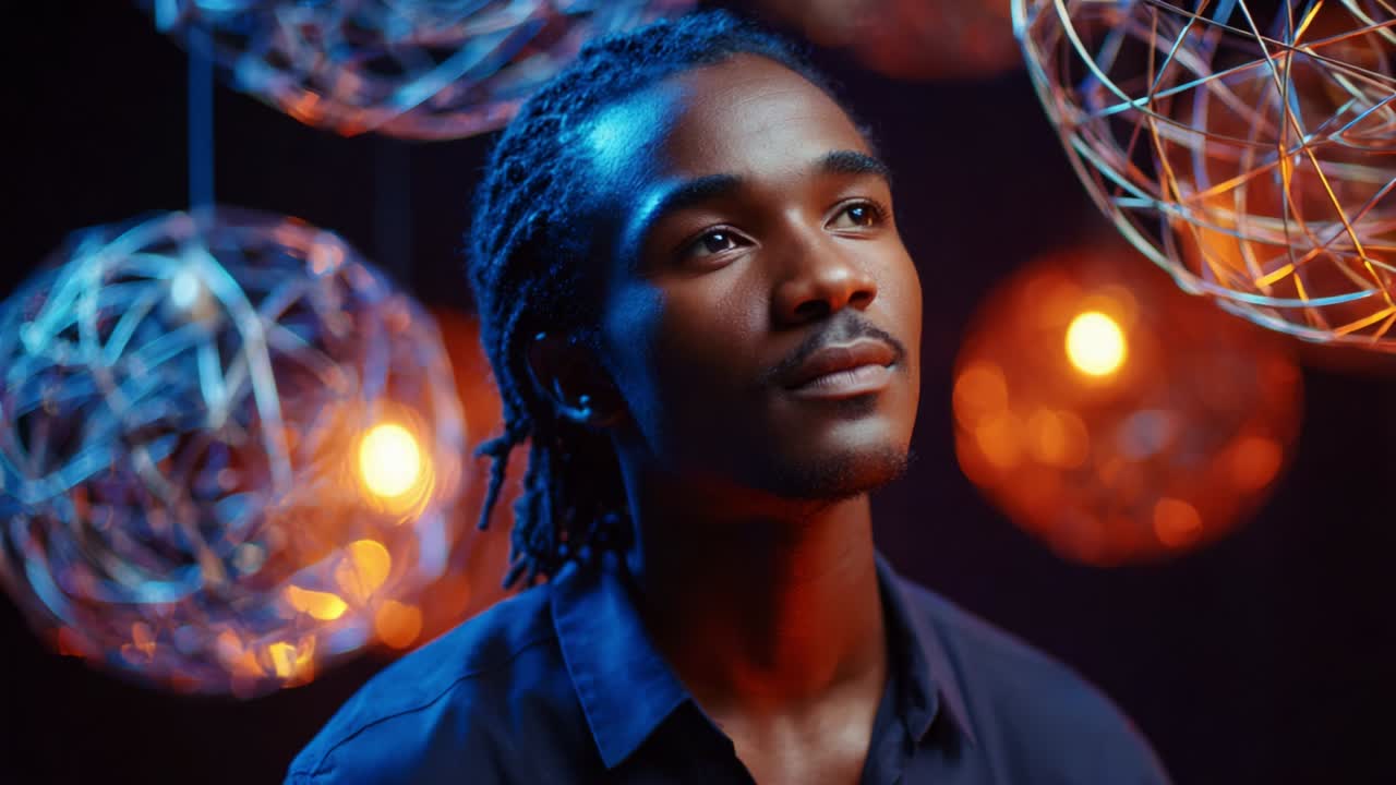 A Thoughtful Young Man Pondering Surrounded by Artistic Ambient Light, Creating an Atmosphere of Reflection and Serenity Amidst Whimsical Decorative Orbs and Soft Glowing Illumination
