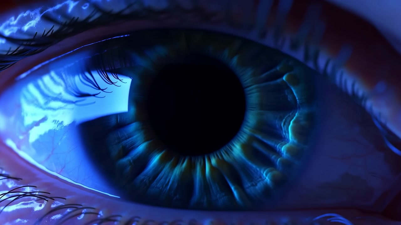 Vista macro estrema dell'occhio umano con lieve costrizione della pupilla, fibre intricate dell'iride, riflessi corneali lucidi, luce gel blu-viola, accenti verde acqua e ambra, e dettagli clinici drammatici in ogni parte