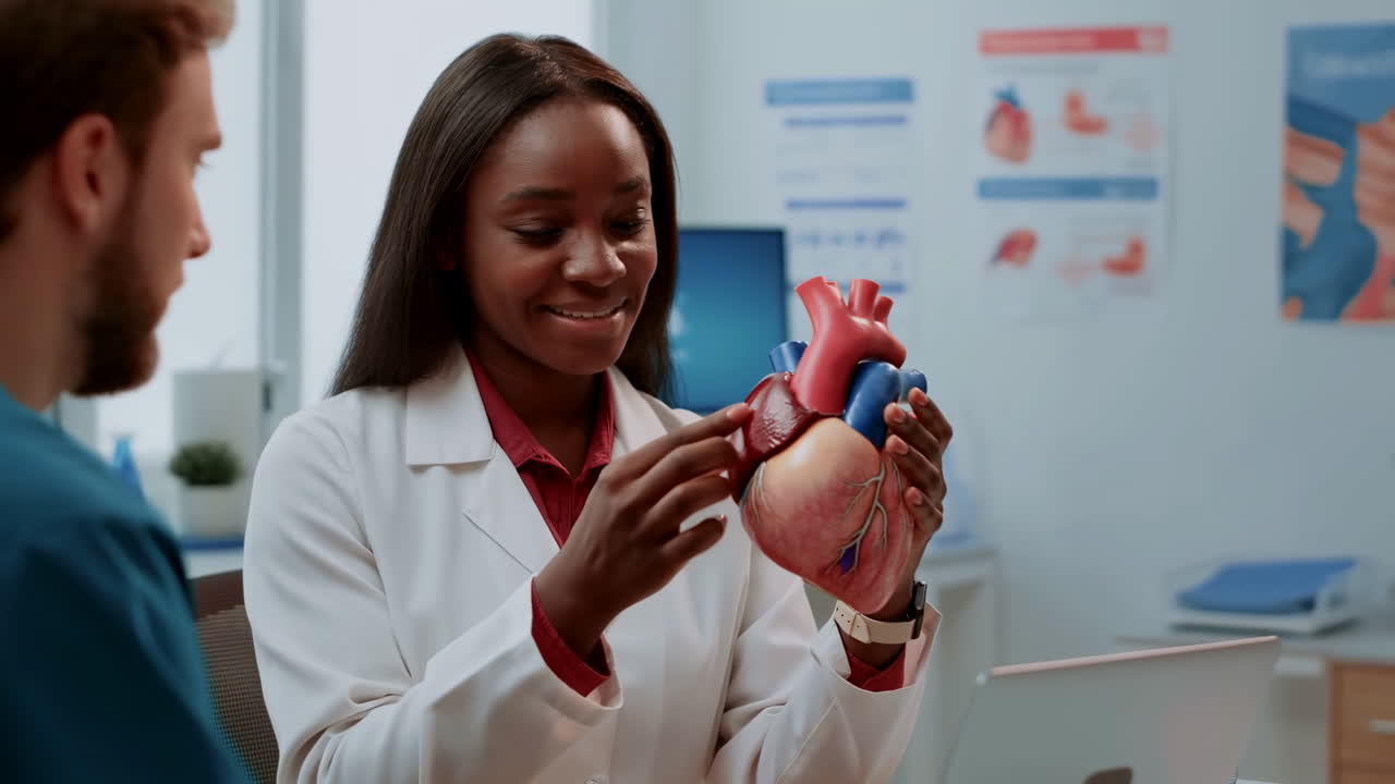Cardióloga afroamericana sostiene modelo de corazón, explicando anatomía a paciente masculino blanco en luminosa oficina clínica
