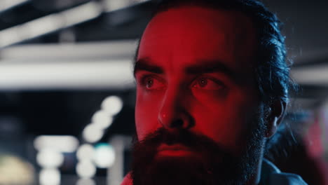 close up of scared starship crew member responding to alien