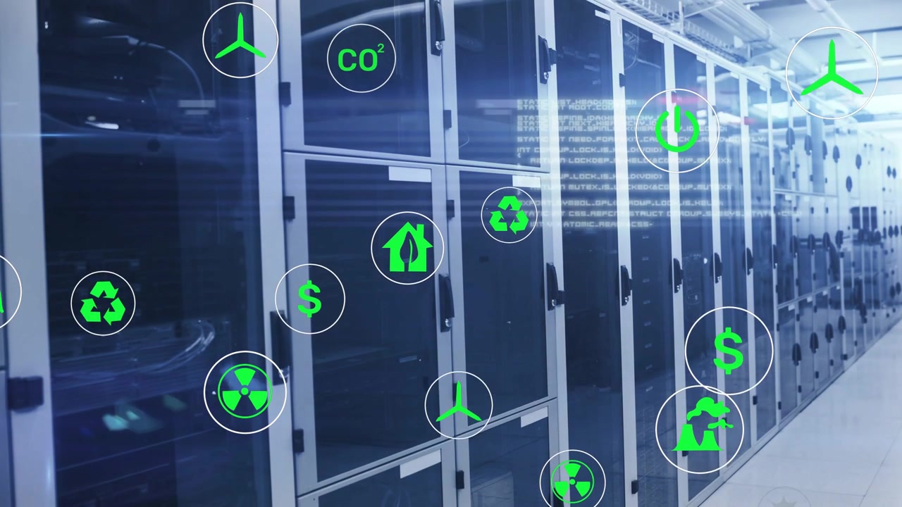 Server racks showing energy data, new icons appearing left, camera panning right, icons clustering