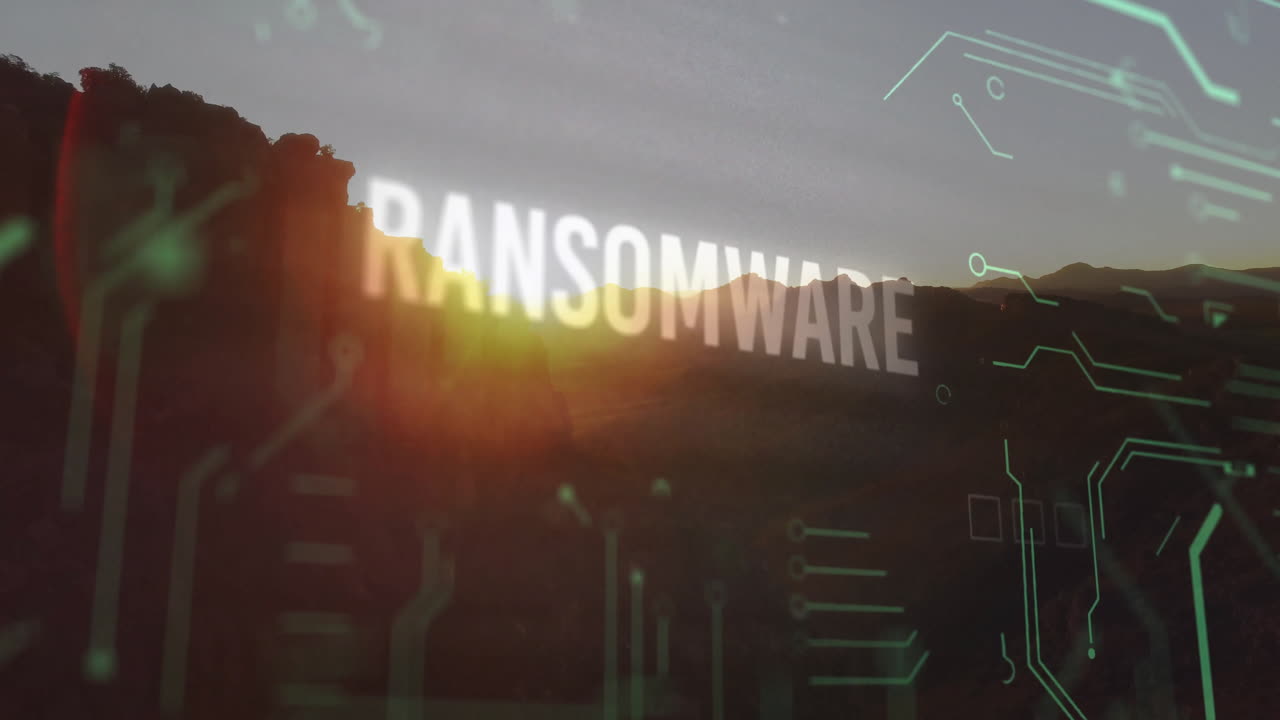Neon green ransomware text floating over mountain range under dawn glow, revealing binary code