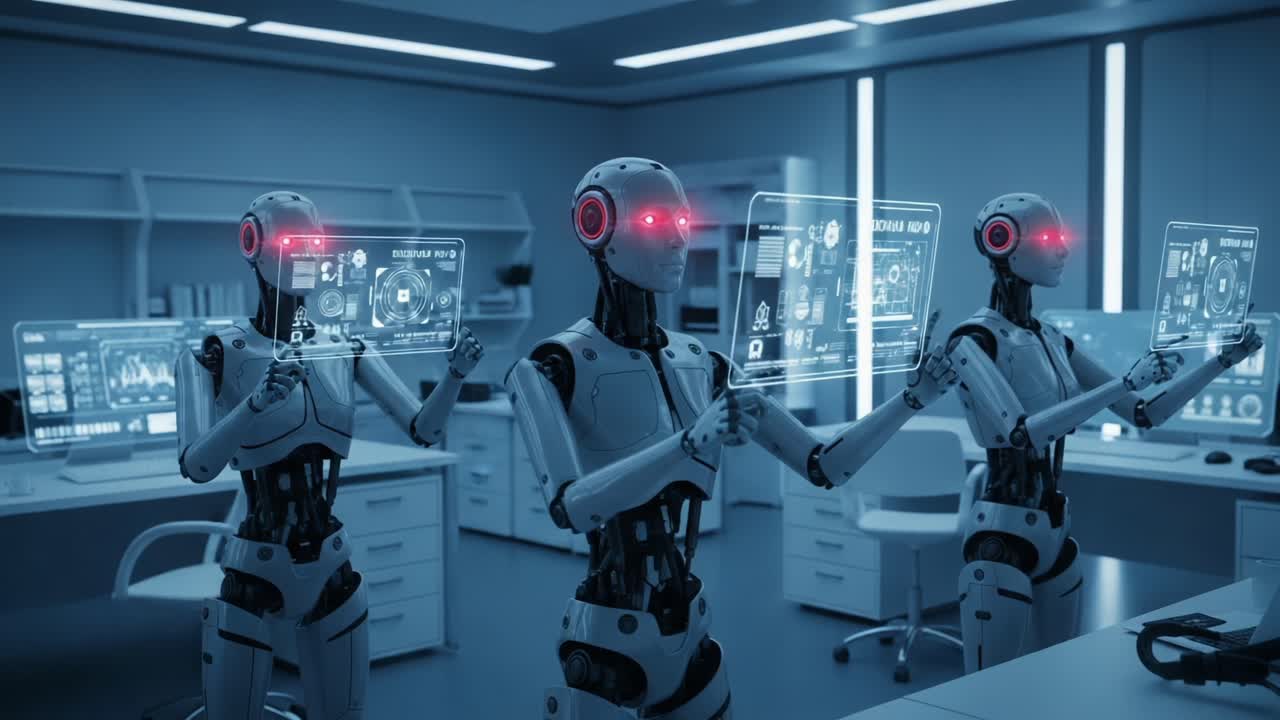 Futuristic Robotic Assistants Analyzing Data in a High-Tech Laboratory Environment with Bright Screens and Advanced Interfaces