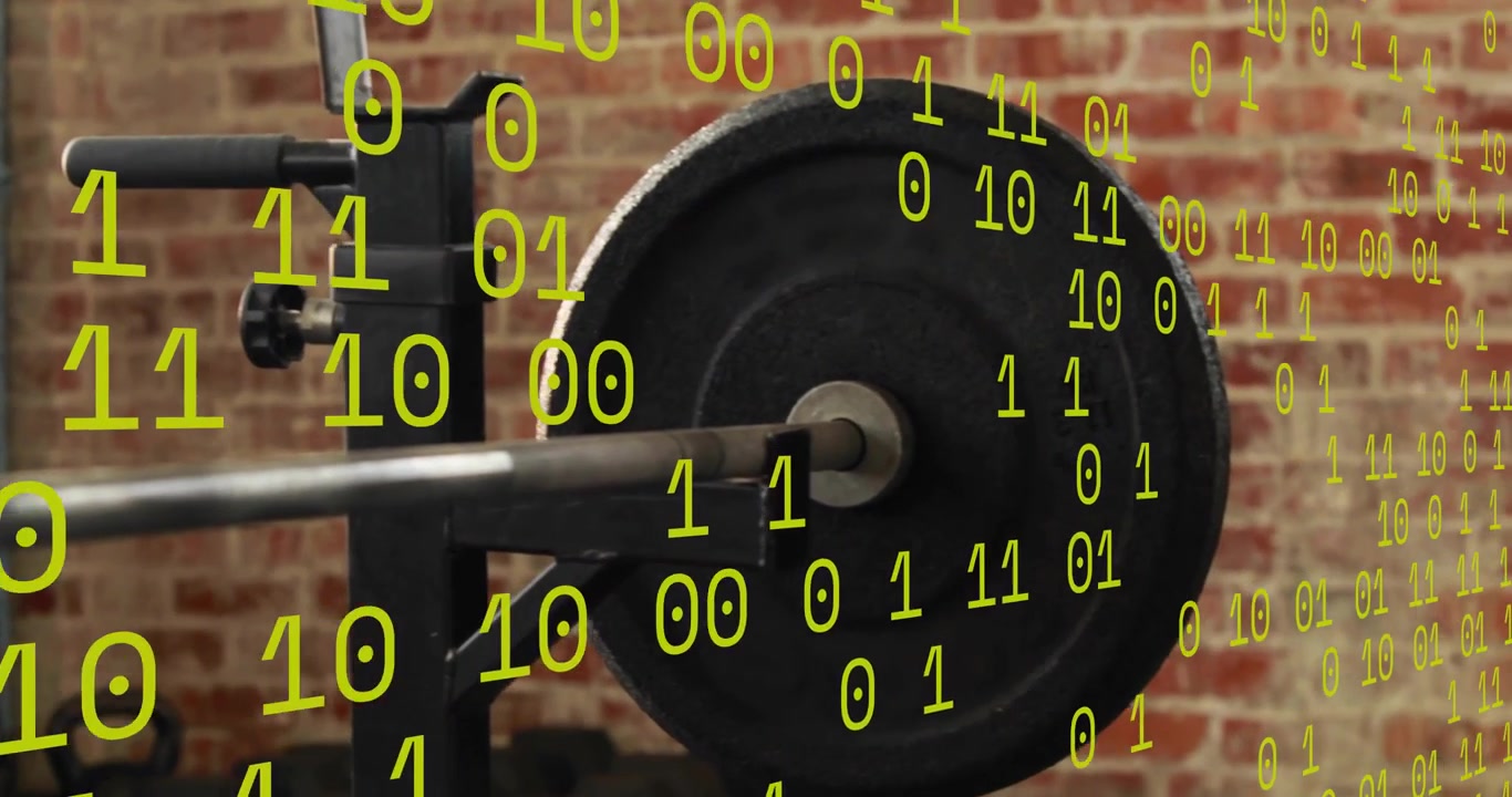Binary digits cascading initiating camera panning unveiling barbell on squat rack with data overlay
