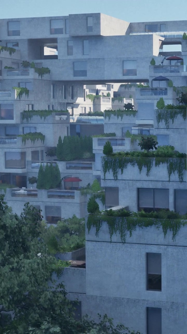 Edifícios modernos com espaços verdes em um cenário urbano durante o dia