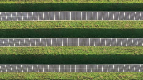 Aerial-up-close-overhead-view-of-large-solar-farm-with-many-rows-of-solar-panels-creating-green,-renewable-energy-to-replace-fossil-fuels-and-to-power-clean-transition-to-fight-climate-change