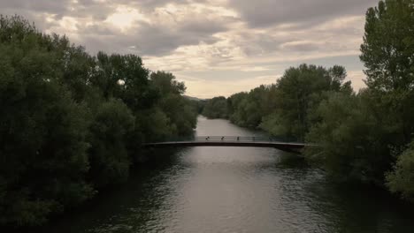 aerial drone shot of boise river pan up to downtown boise