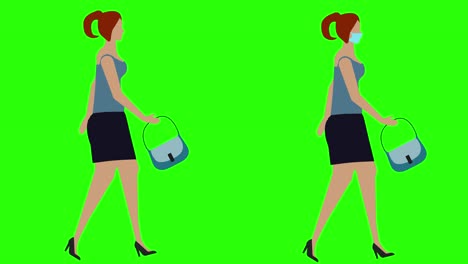 women walking cycle seamless loop , face mask version, green screen chroma key animation, flat design