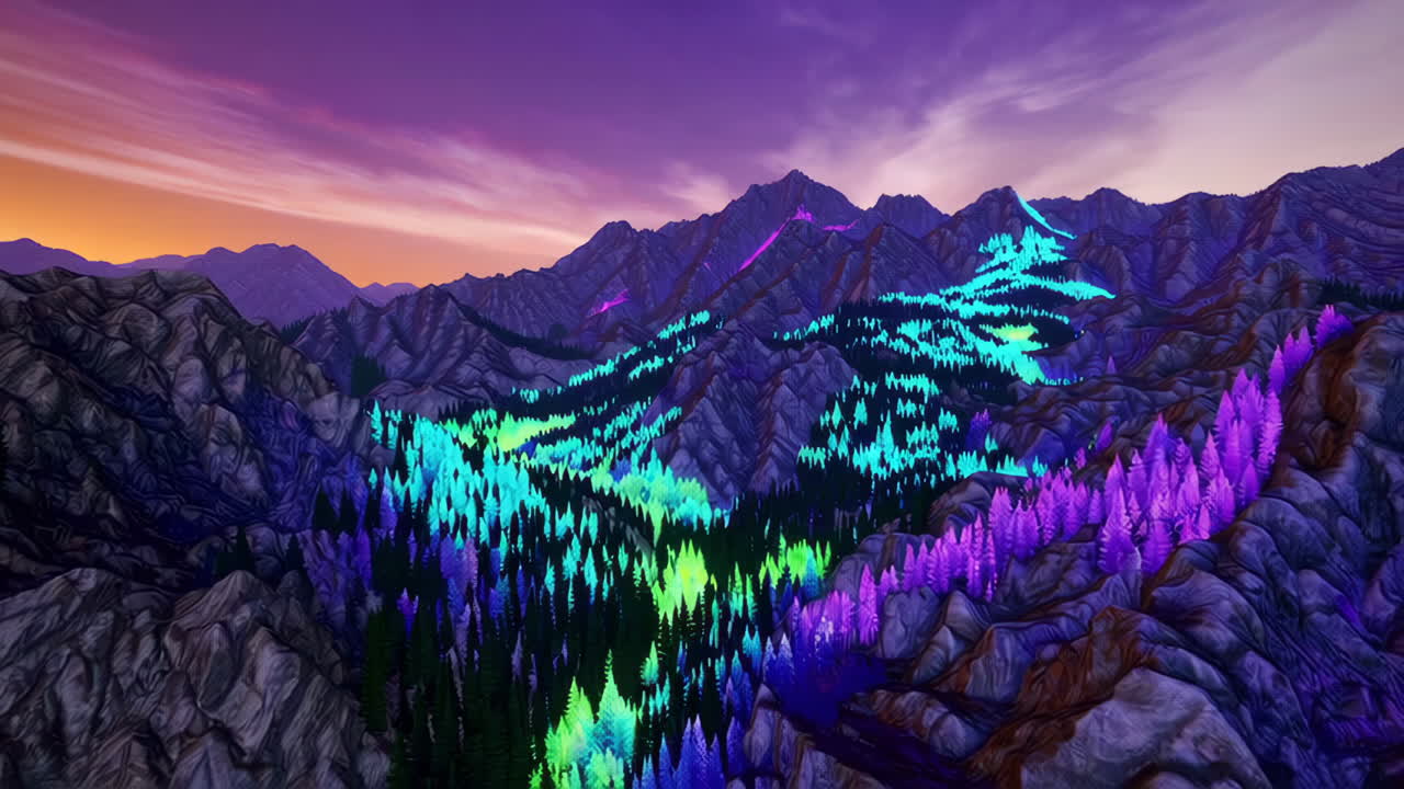Vibrant Neon Forest in a Mountain Landscape at Sunset