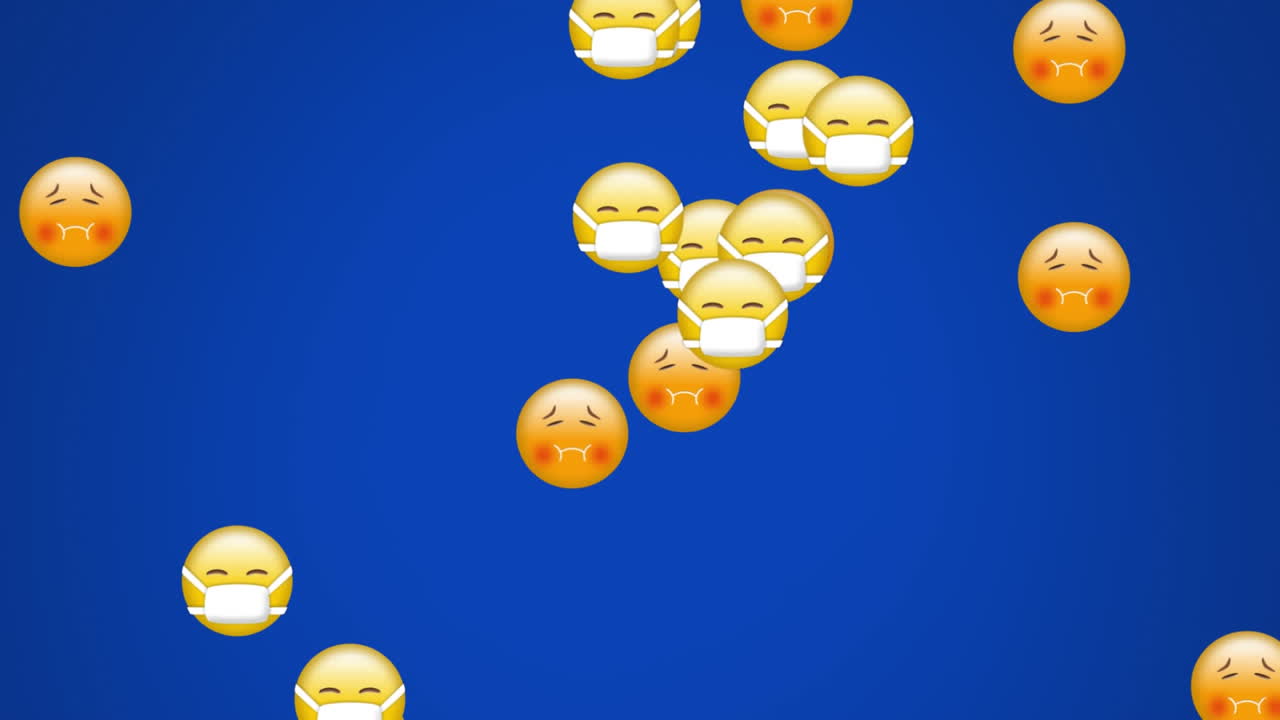 animación de un grupo de emojis volando sobre un fondo azul.