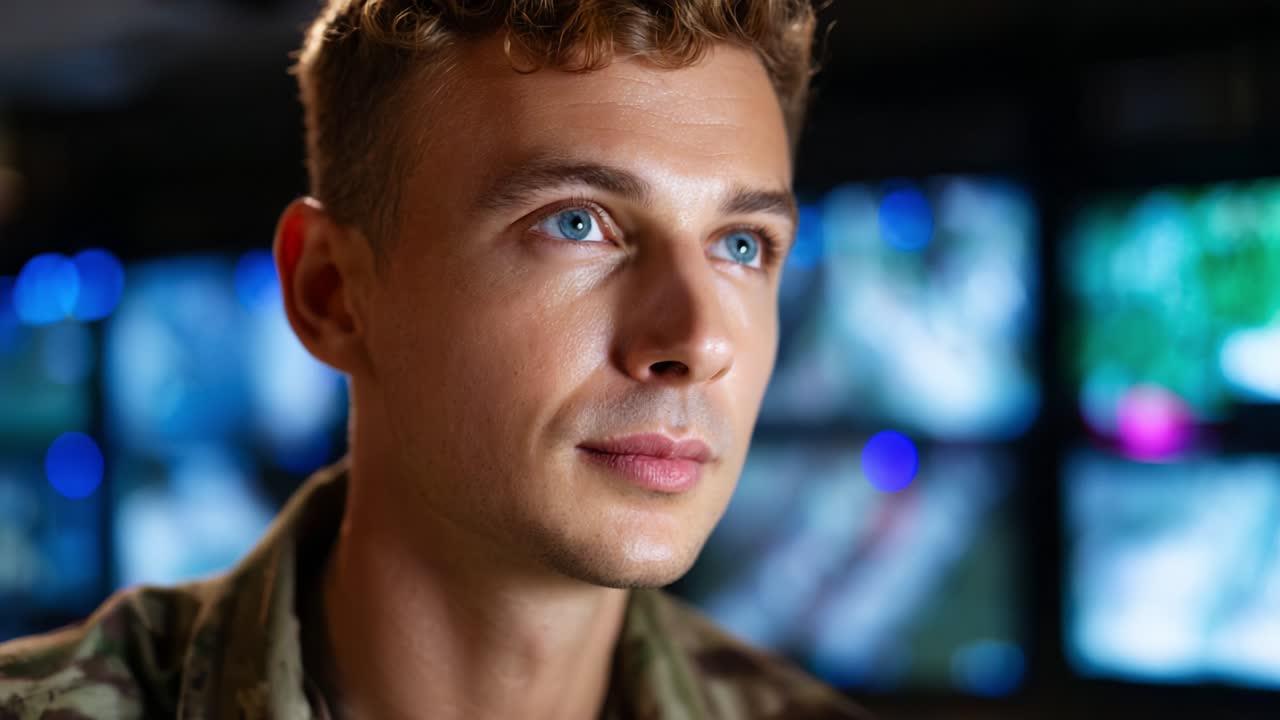Contemplative Soldier Monitoring Security Footage in High-Tech Control Room, Focused on Surveillance Displays Reflecting Critical Information and Strategic Situations