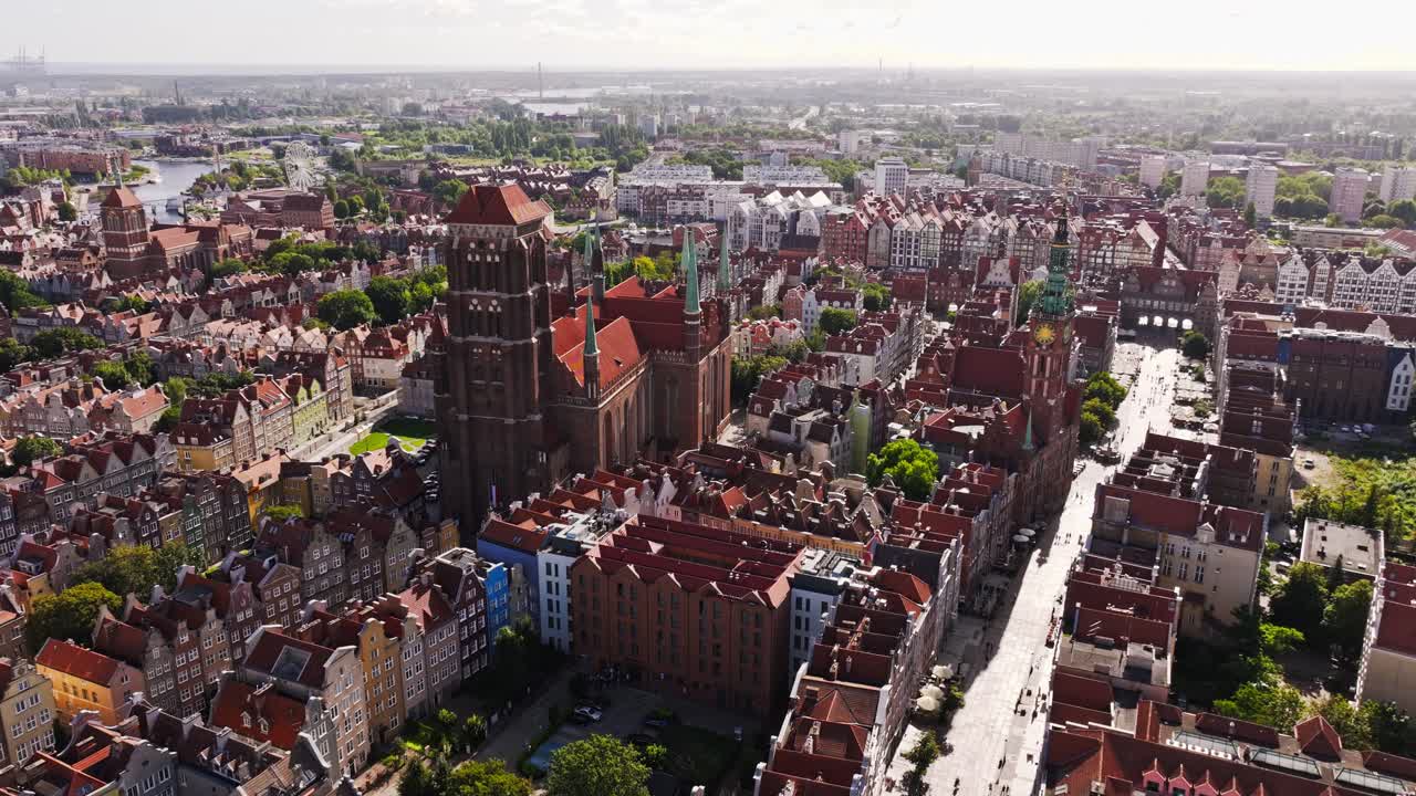 Aerial view of St Mary’s Church and St John’s in historic Gdansk Old Town