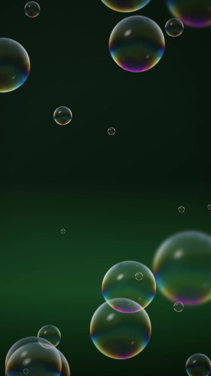 Bolle di sapone iridescenti fluttuano delicatamente verso l'alto su uno sfondo sfumato verde smeraldo scuro.