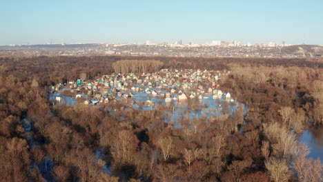 settlement surrounded by a ring of forest in background of blue sky. effects of global warming. flooded rural land.