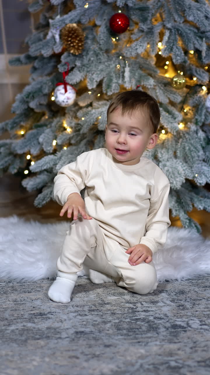 Little cute angelic baby sitting near Christmas tree in the room. Lovely kid sits still as if waiting for something and then smiles adorably as camera approaches. Vertical video