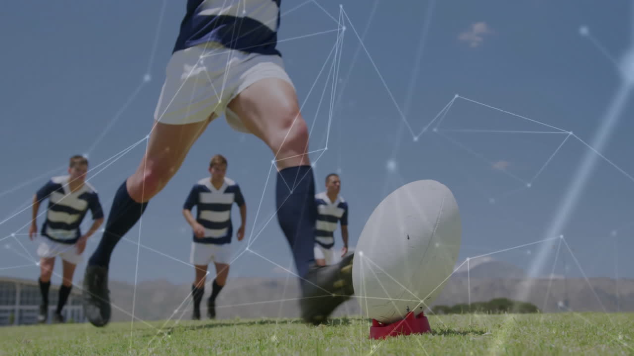 Soccer players on field with digital network connections overlay animation