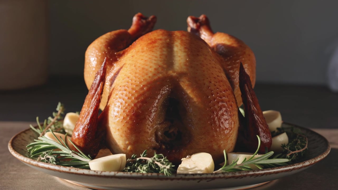 Ajustando el encuadre y el enfoque de la cámara sobre la mesa, mostrando un pollo asado con hierbas para una piel brillante.