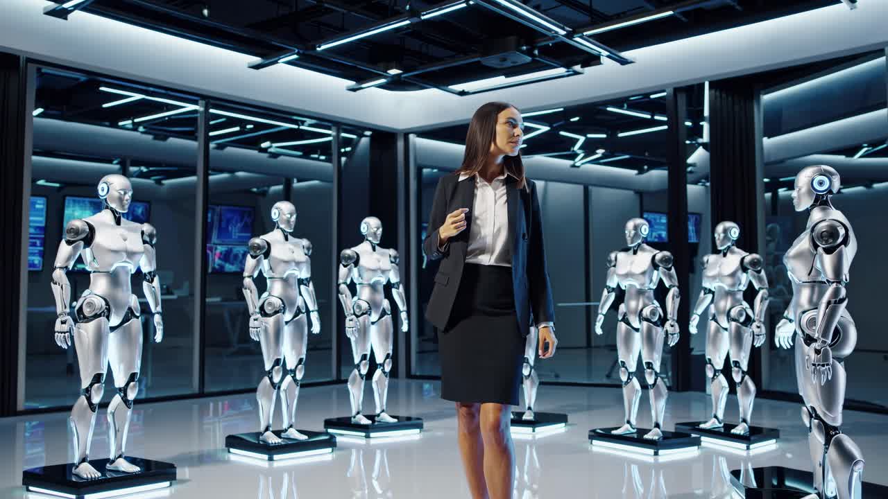 Businesswoman Surrounded by Robots in Futuristic Office
