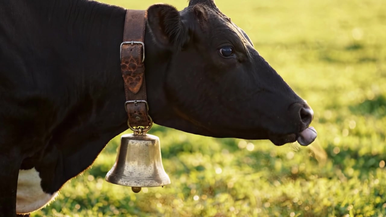 A Close-Up of a Black Cow with a Bell in a Pastoral Setting, Showcasing Its Features Against a Beautiful Green Background in Soft Natural Light
