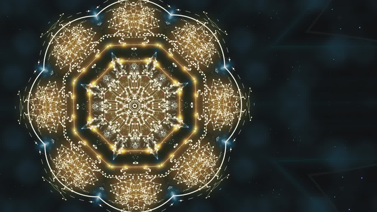 concepto de anomalías globales. animación abstracta de movimiento de patrón poligonal dorado hacia y desde el centro sobre fondo azul y negro.