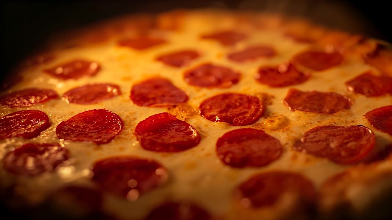 Brutzelnd unter Ofenhitze setzt Peperoni-Pizza Öl frei und Käse blubbert, was auf einen späten Backvorgang hindeutet.