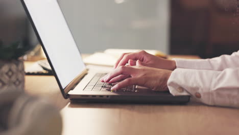 business woman, laptop and hands at night typing