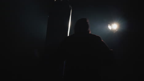 fighter's silhouette trinity in the gym - hits a boxing pear